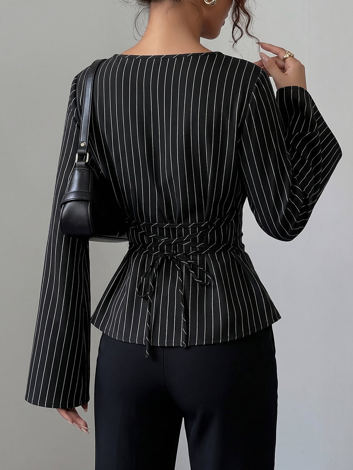 Boat Neck Bell Sleeves Striped Lace-Up Blouse