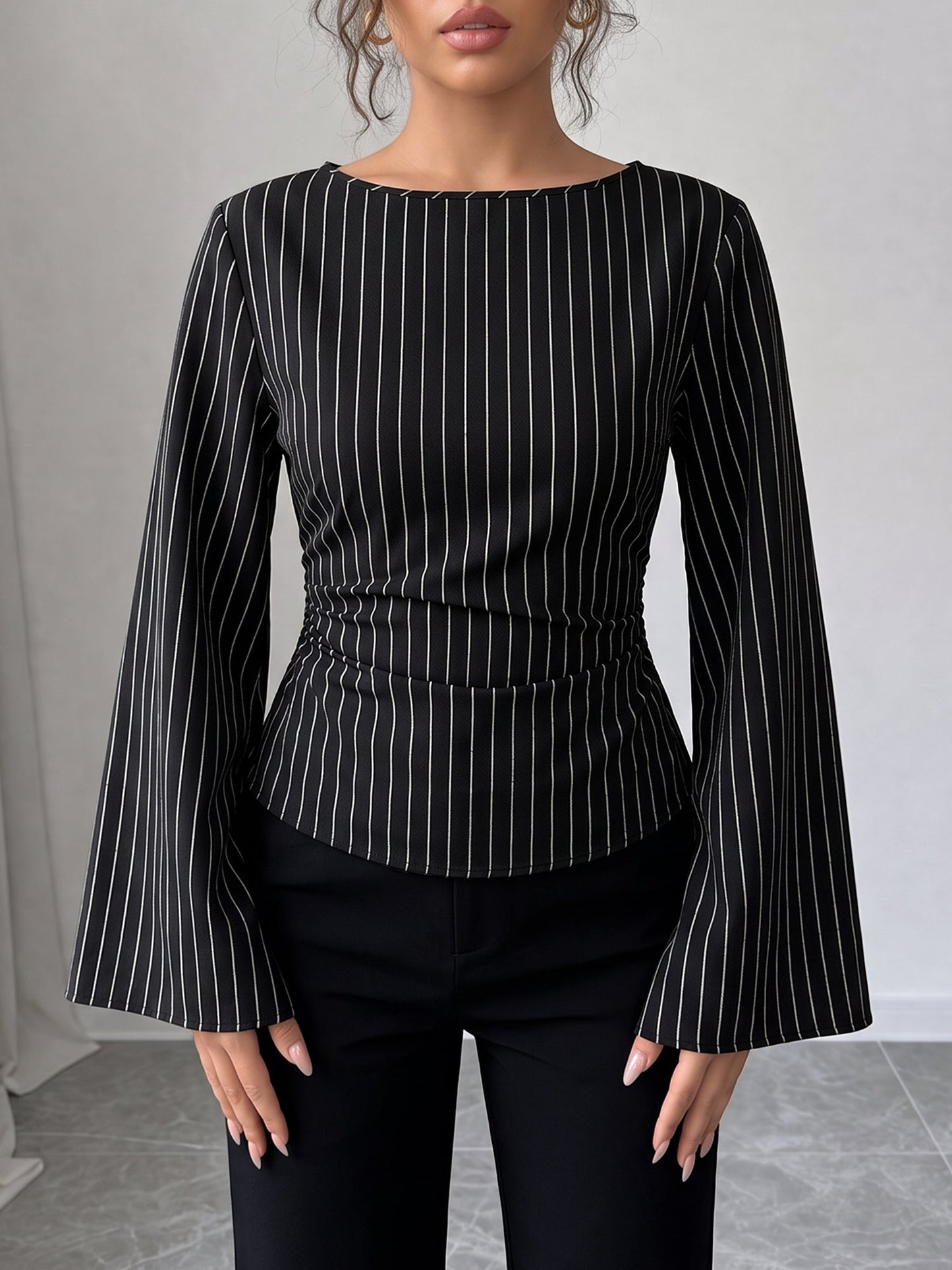 Boat Neck Bell Sleeves Striped Lace-Up Blouse