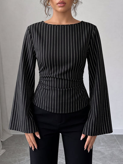 Boat Neck Bell Sleeves Striped Lace-Up Blouse