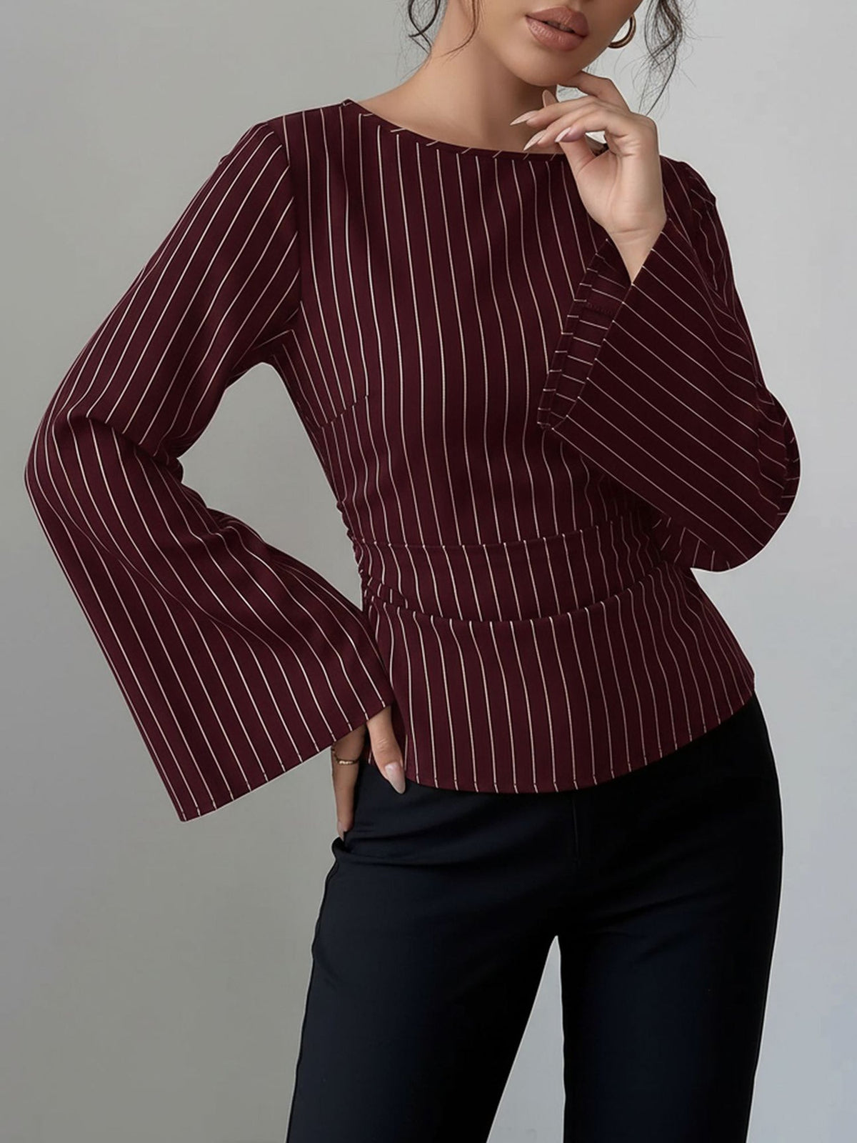 Boat Neck Bell Sleeves Striped Lace-Up Blouse