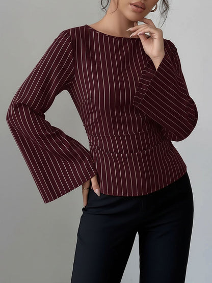 Boat Neck Bell Sleeves Striped Lace-Up Blouse