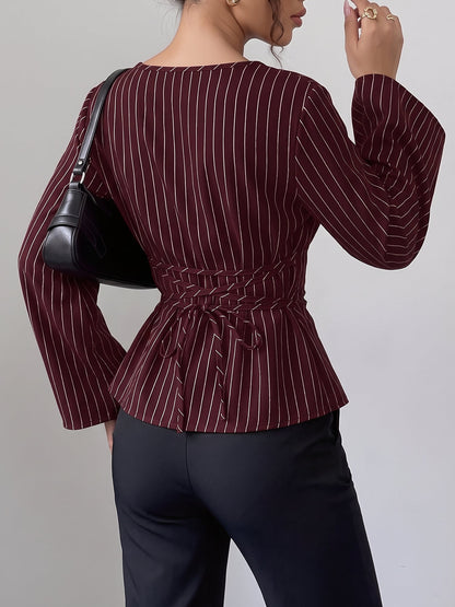 Boat Neck Bell Sleeves Striped Lace-Up Blouse