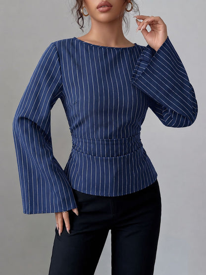 Boat Neck Bell Sleeves Striped Lace-Up Blouse
