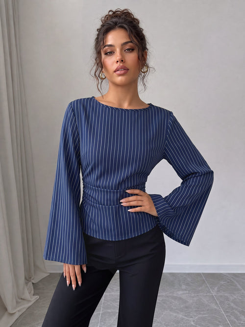 Boat Neck Bell Sleeves Striped Lace-Up Blouse