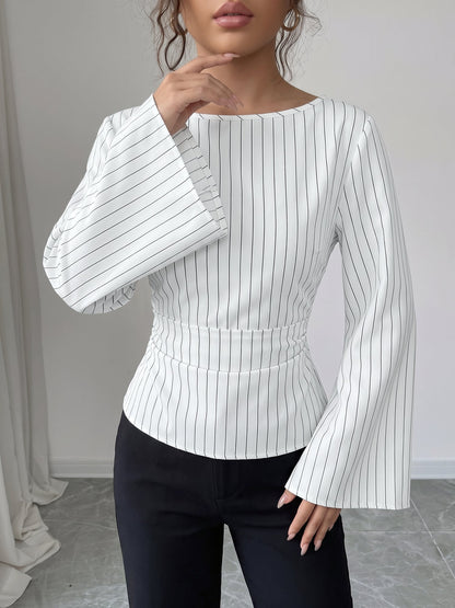 Boat Neck Bell Sleeves Striped Lace-Up Blouse