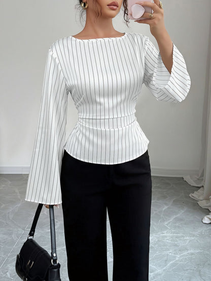 Boat Neck Bell Sleeves Striped Lace-Up Blouse