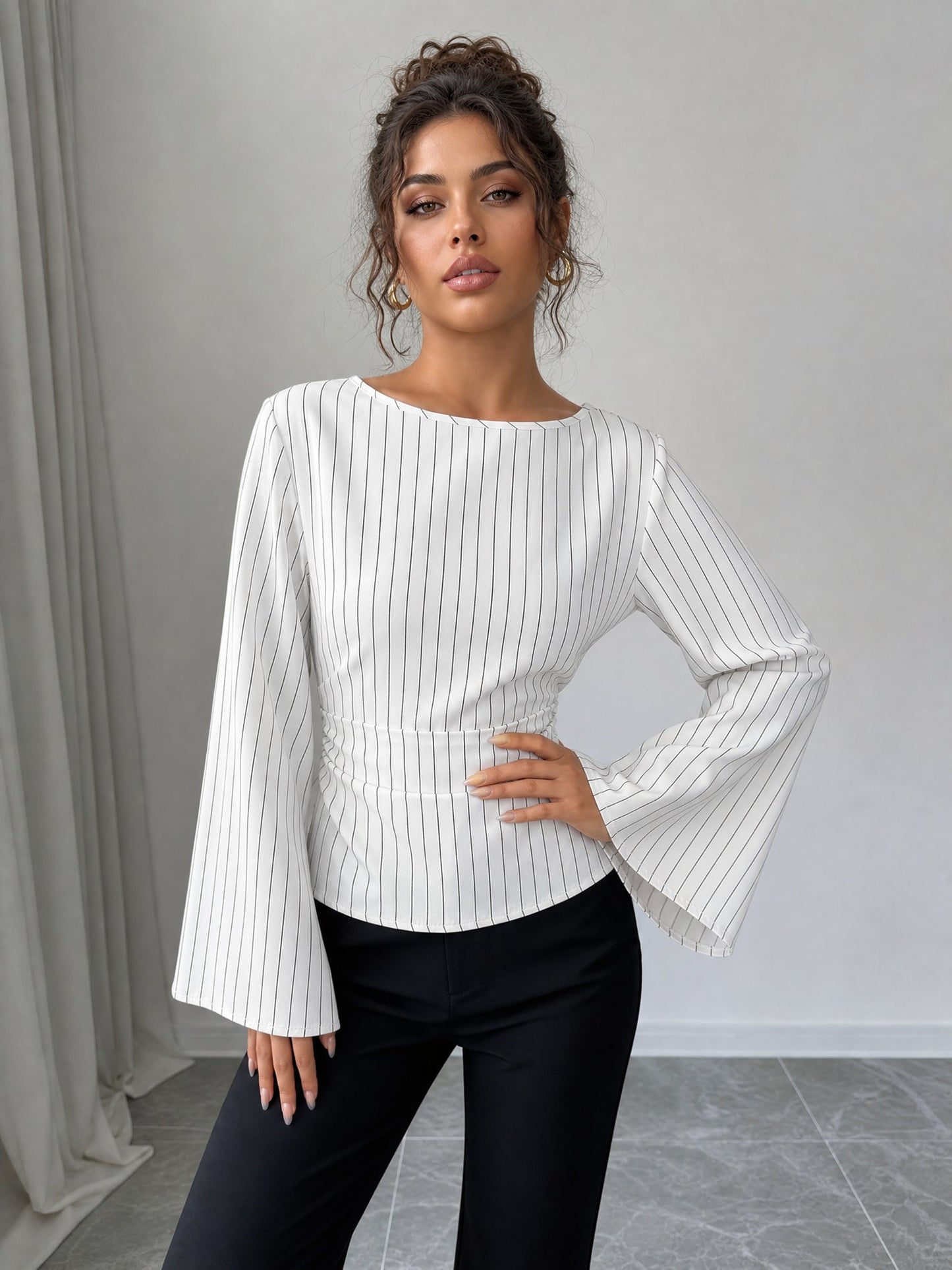 Boat Neck Bell Sleeves Striped Lace-Up Blouse