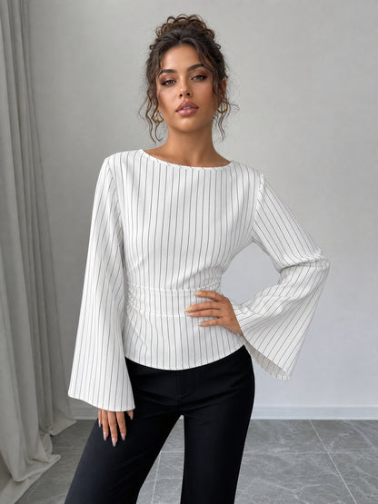 Boat Neck Bell Sleeves Striped Lace-Up Blouse