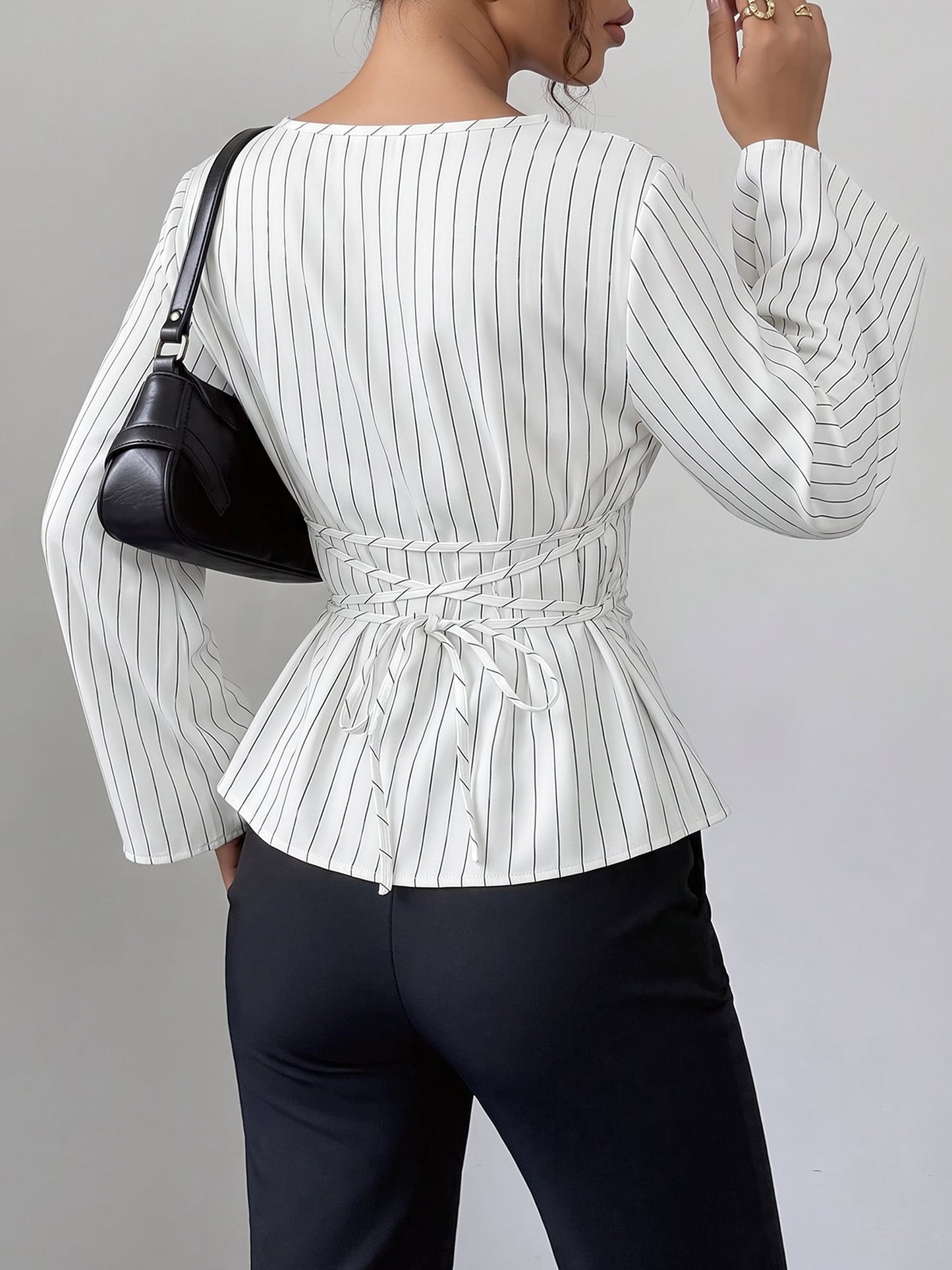 Boat Neck Bell Sleeves Striped Lace-Up Blouse