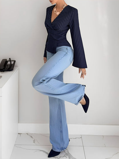 Striped Long Bell Sleeves Cinched Waist Blouse