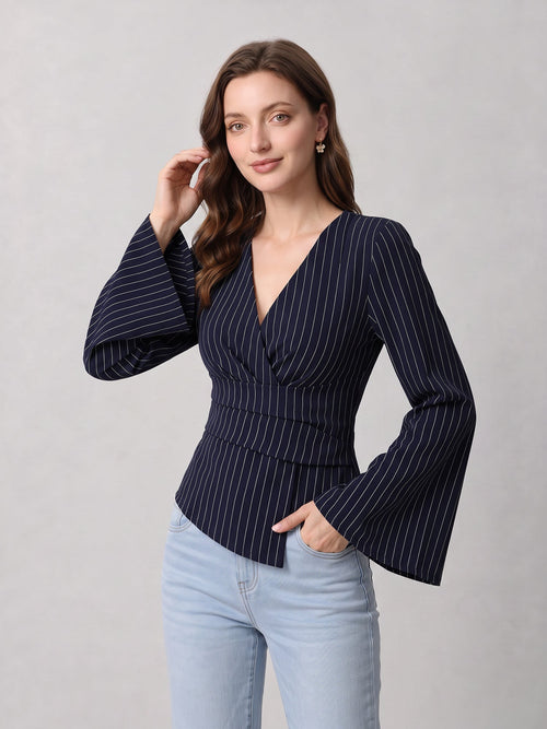 Striped Long Bell Sleeves Cinched Waist Blouse