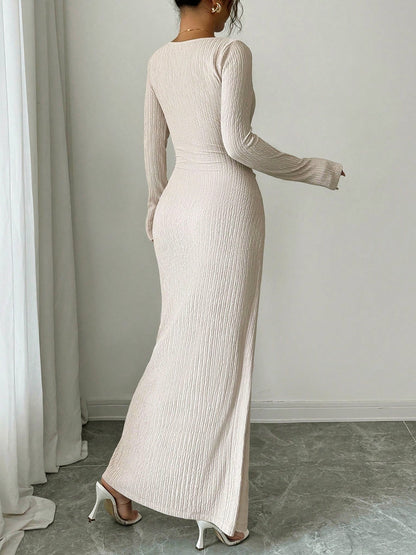 Irregular Neck Textured Ruched Slit Bodycon Dress