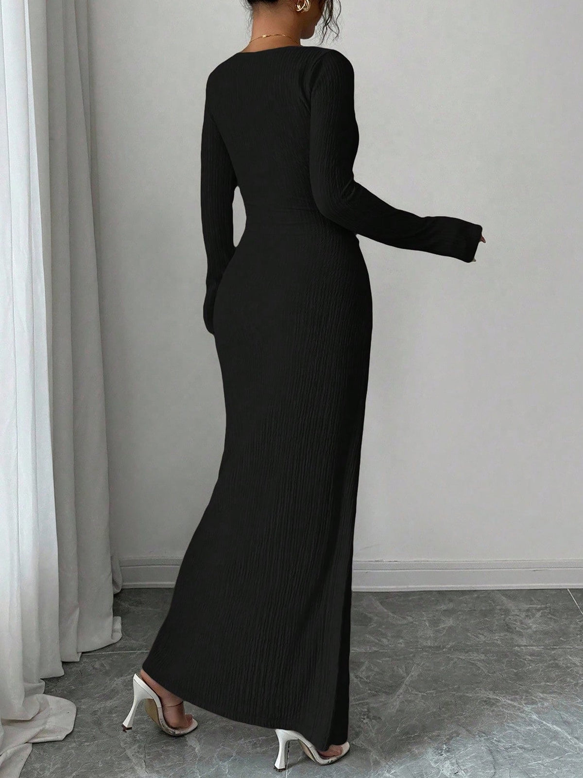 Irregular Neck Textured Ruched Slit Bodycon Dress