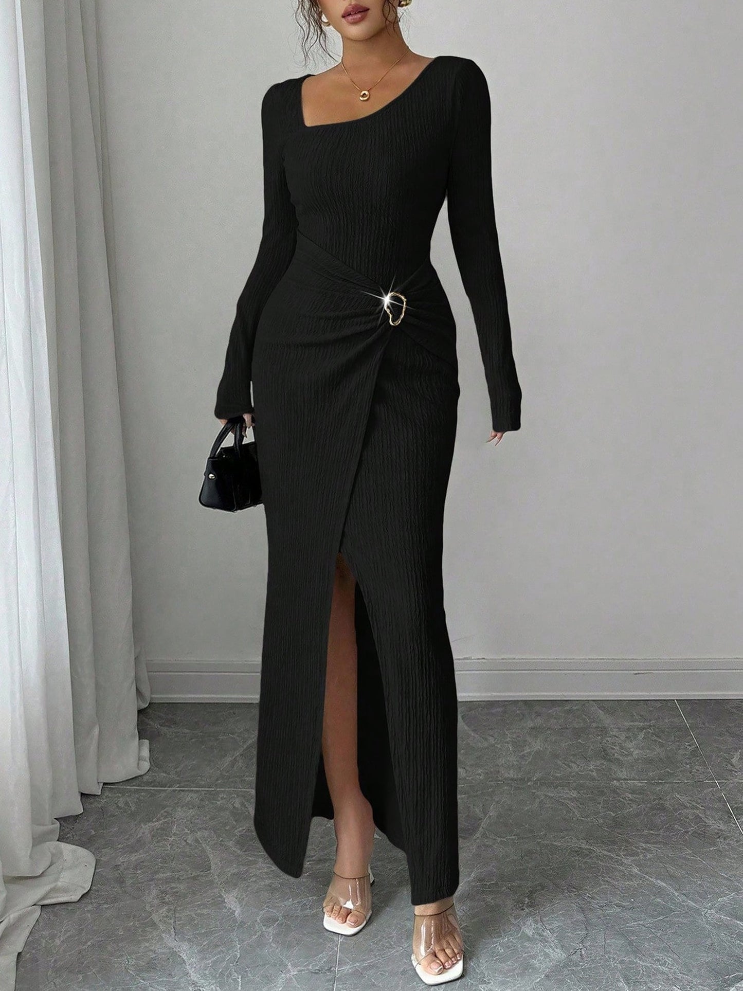 Irregular Neck Textured Ruched Slit Bodycon Dress