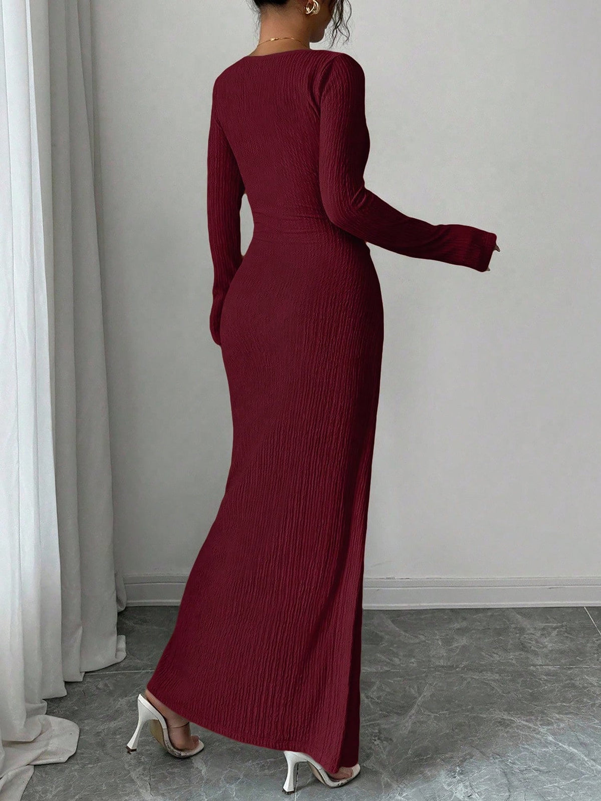 Irregular Neck Textured Ruched Slit Bodycon Dress