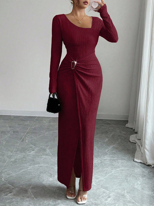 Irregular Neck Textured Ruched Slit Bodycon Dress