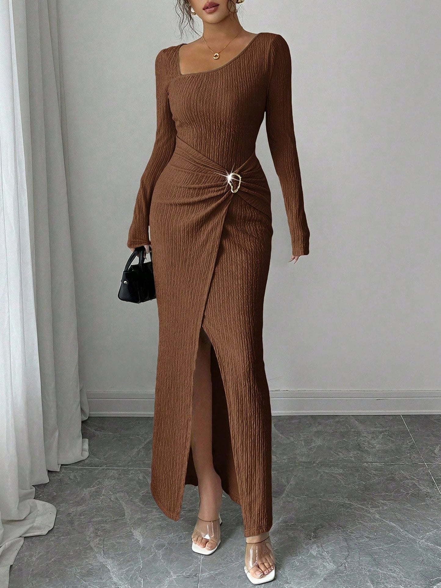 Irregular Neck Textured Ruched Slit Bodycon Dress