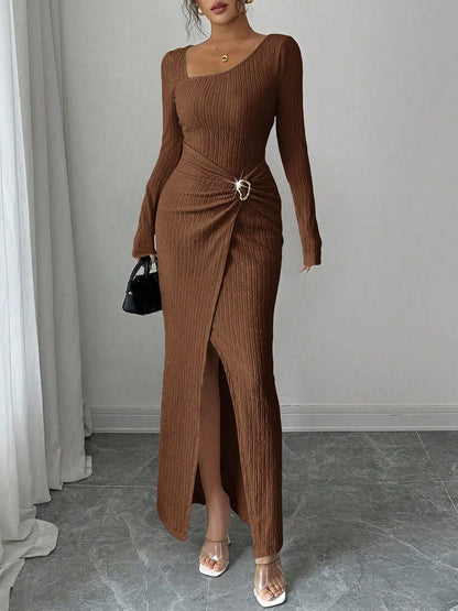 Irregular Neck Textured Ruched Slit Bodycon Dress