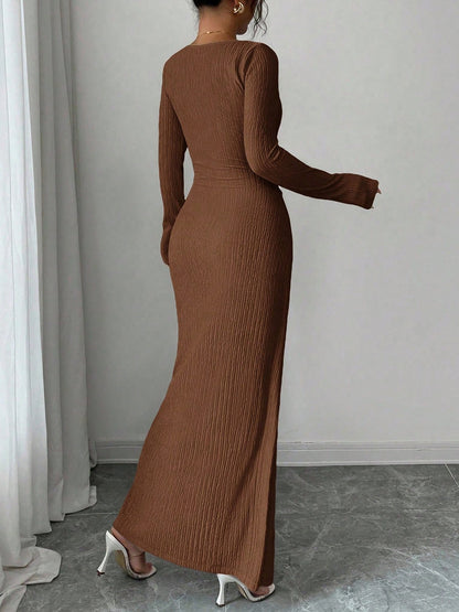 Irregular Neck Textured Ruched Slit Bodycon Dress