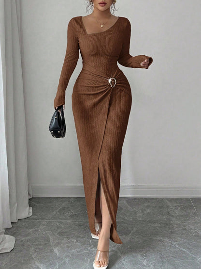 Irregular Neck Textured Ruched Slit Bodycon Dress