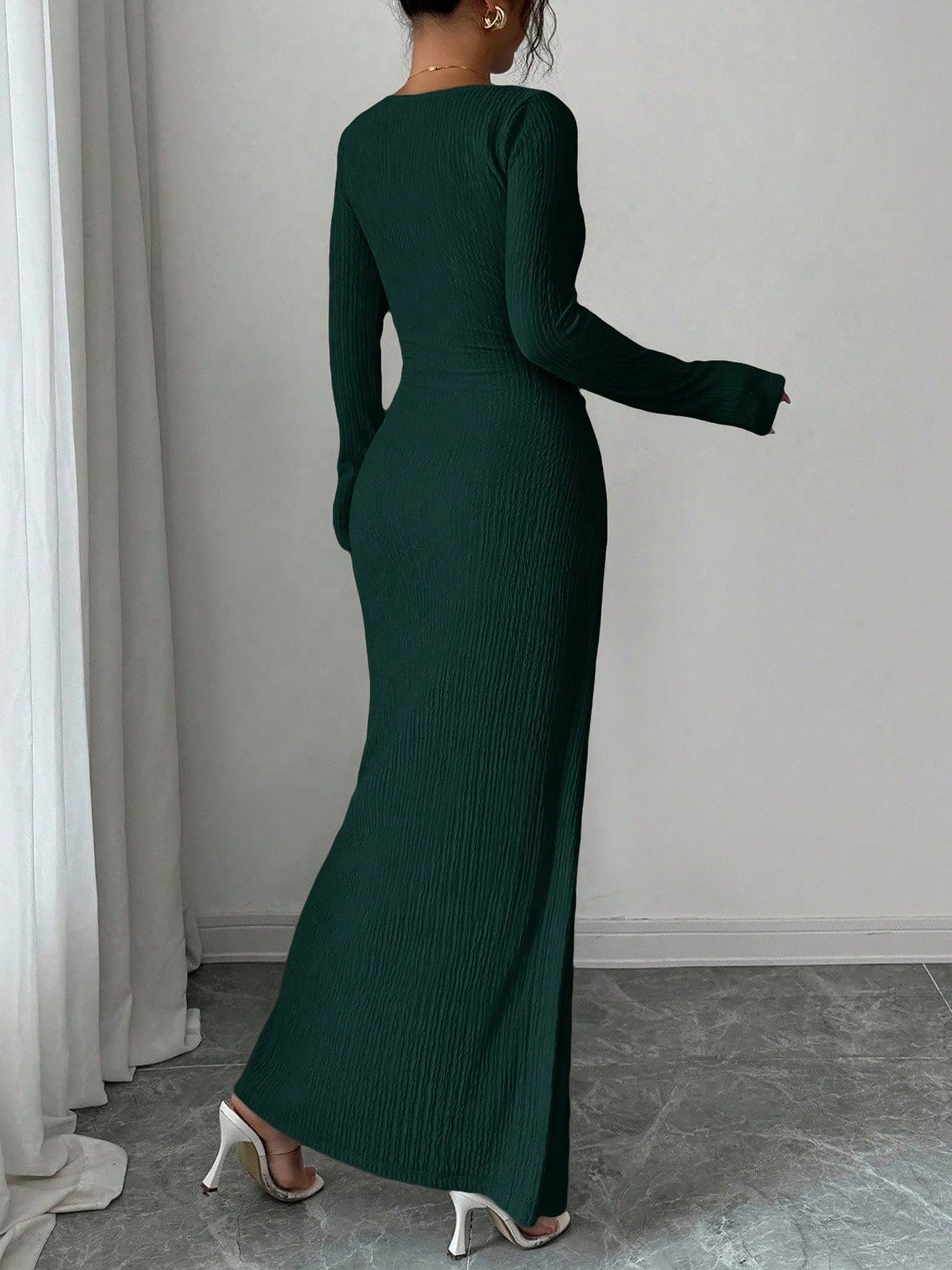 Irregular Neck Textured Ruched Slit Bodycon Dress
