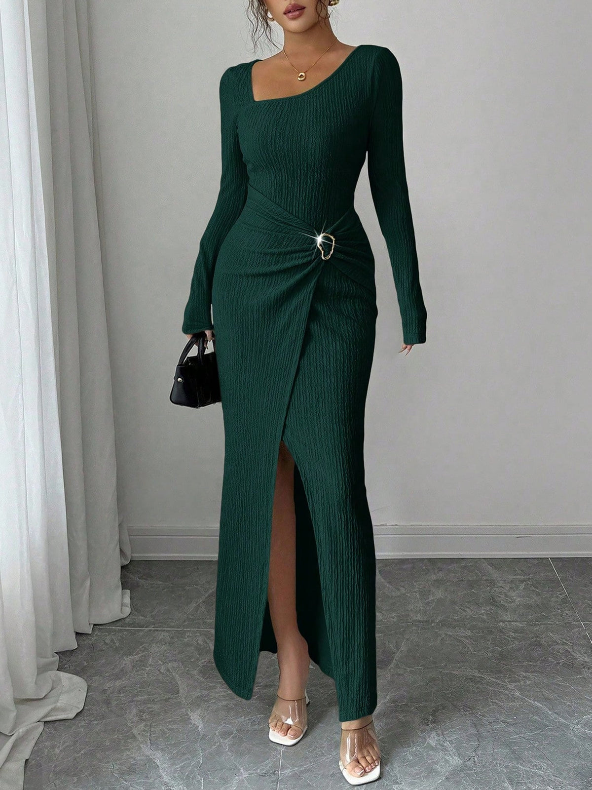 Irregular Neck Textured Ruched Slit Bodycon Dress