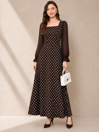 Square Neck Polka Dots Mesh Puff Sleeves Maxi Dress