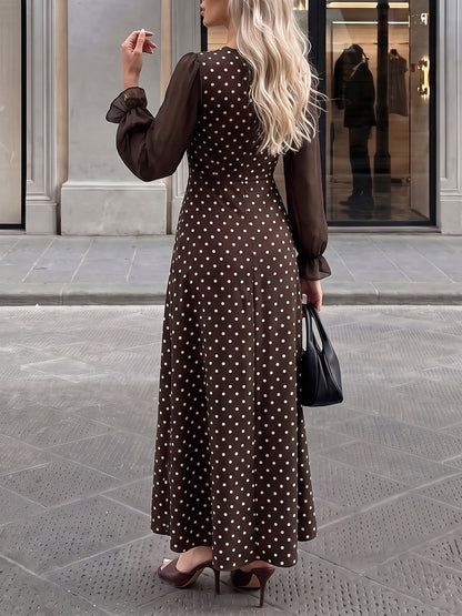 Square Neck Polka Dots Mesh Puff Sleeves Maxi Dress