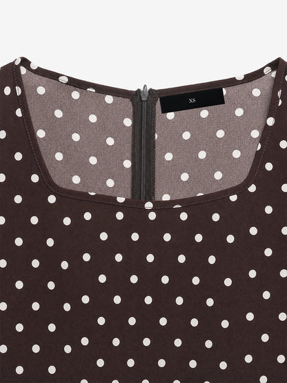 Square Neck Polka Dots Mesh Puff Sleeves Maxi Dress