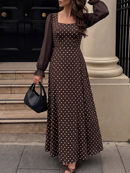 Square Neck Polka Dots Mesh Puff Sleeves Maxi Dress