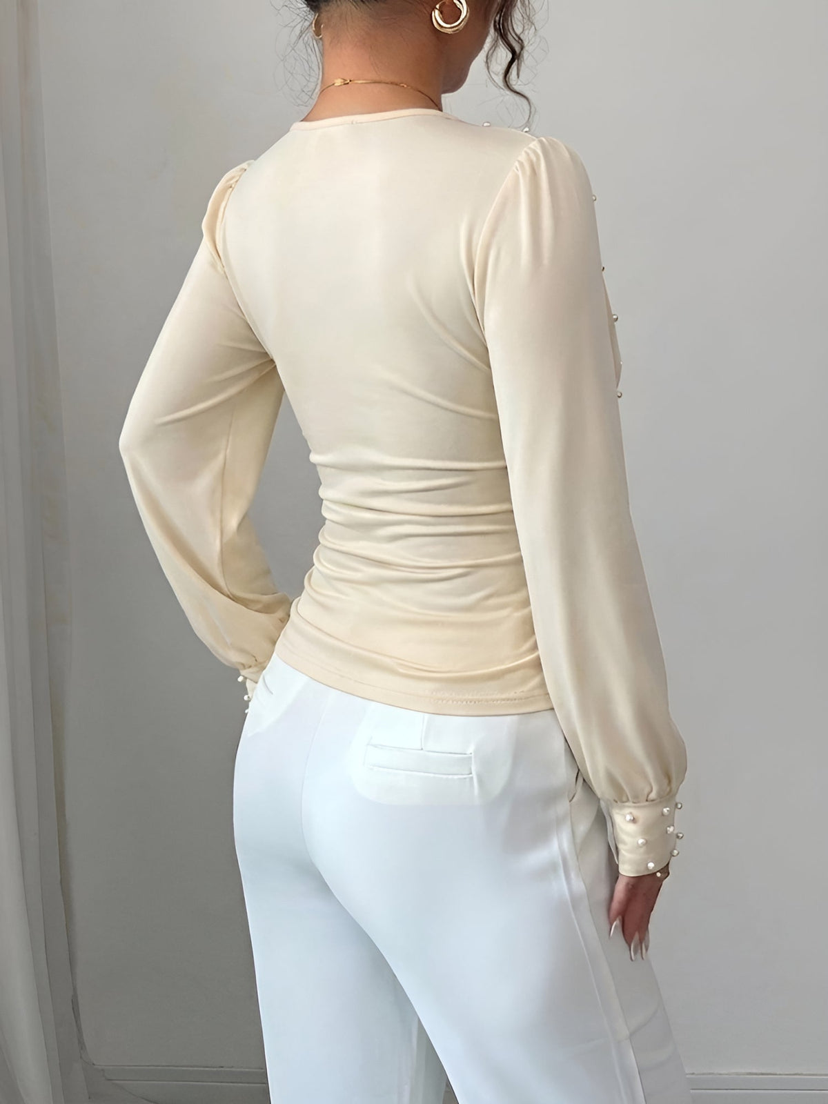 Ruched Faux Pearl Decor Long Sleeves Blouse