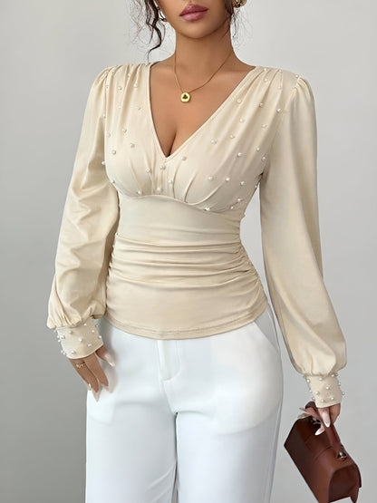 Ruched Faux Pearl Decor Long Sleeves Blouse