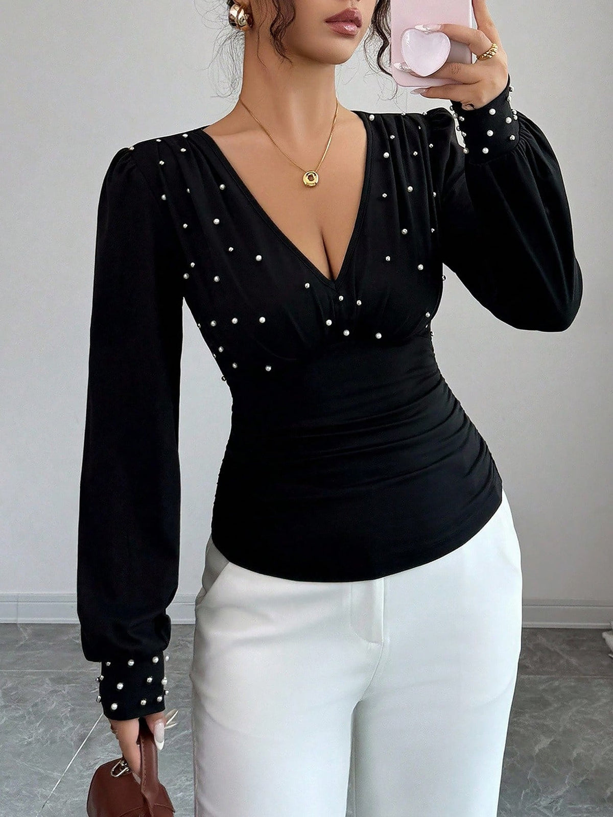 Ruched Faux Pearl Decor Long Sleeves Blouse