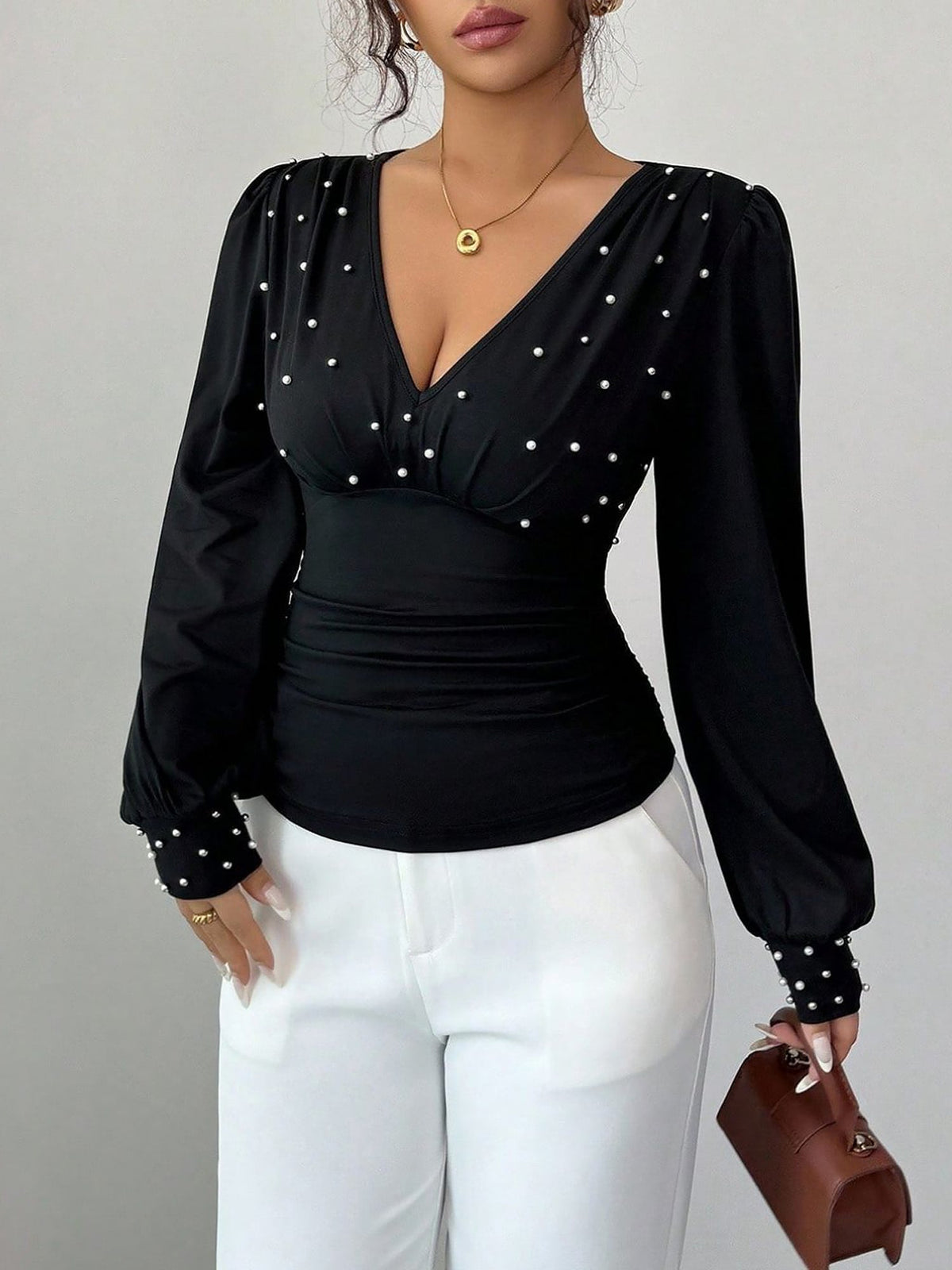 Ruched Faux Pearl Decor Long Sleeves Blouse