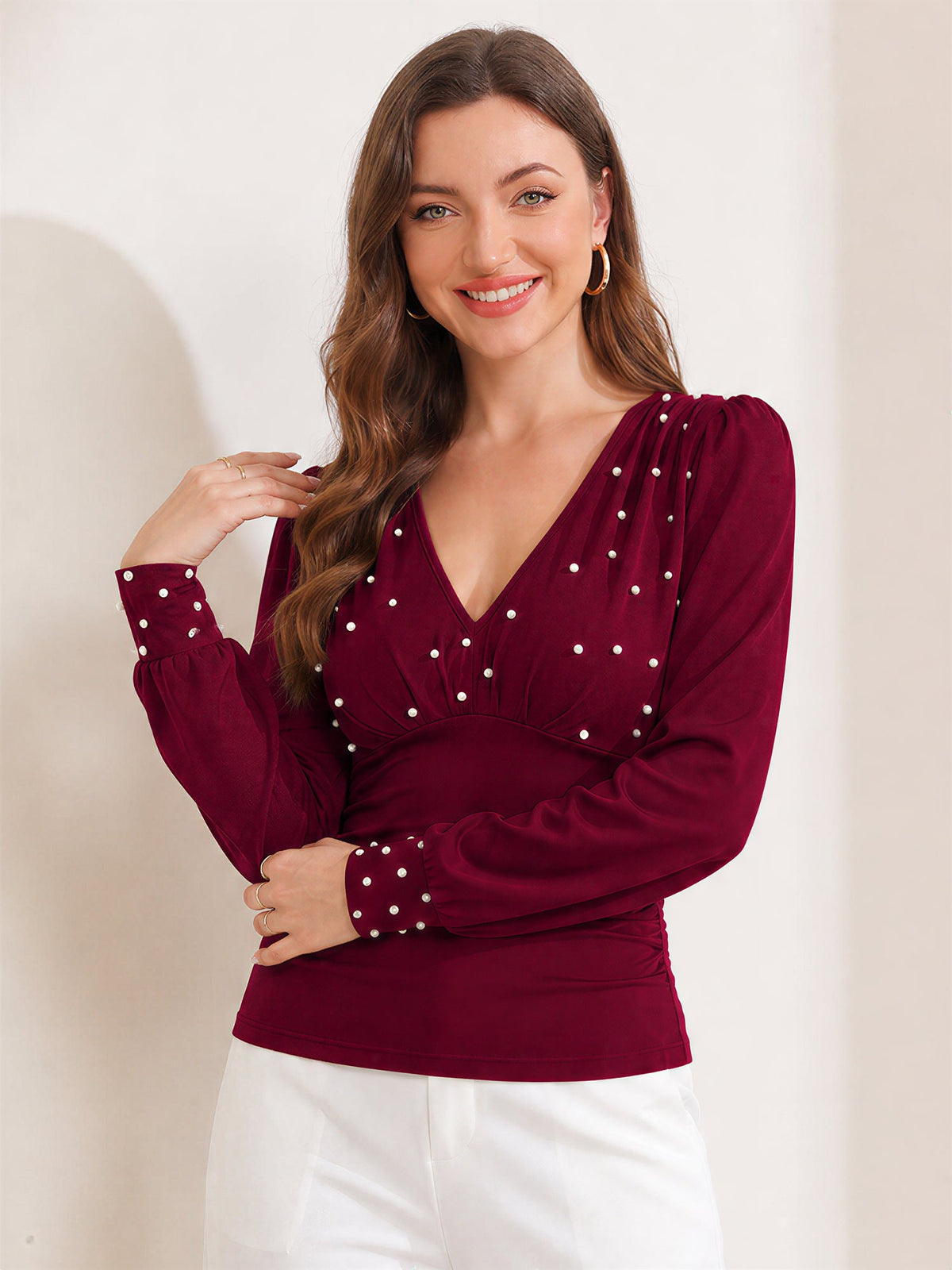 Ruched Faux Pearl Decor Long Sleeves Blouse