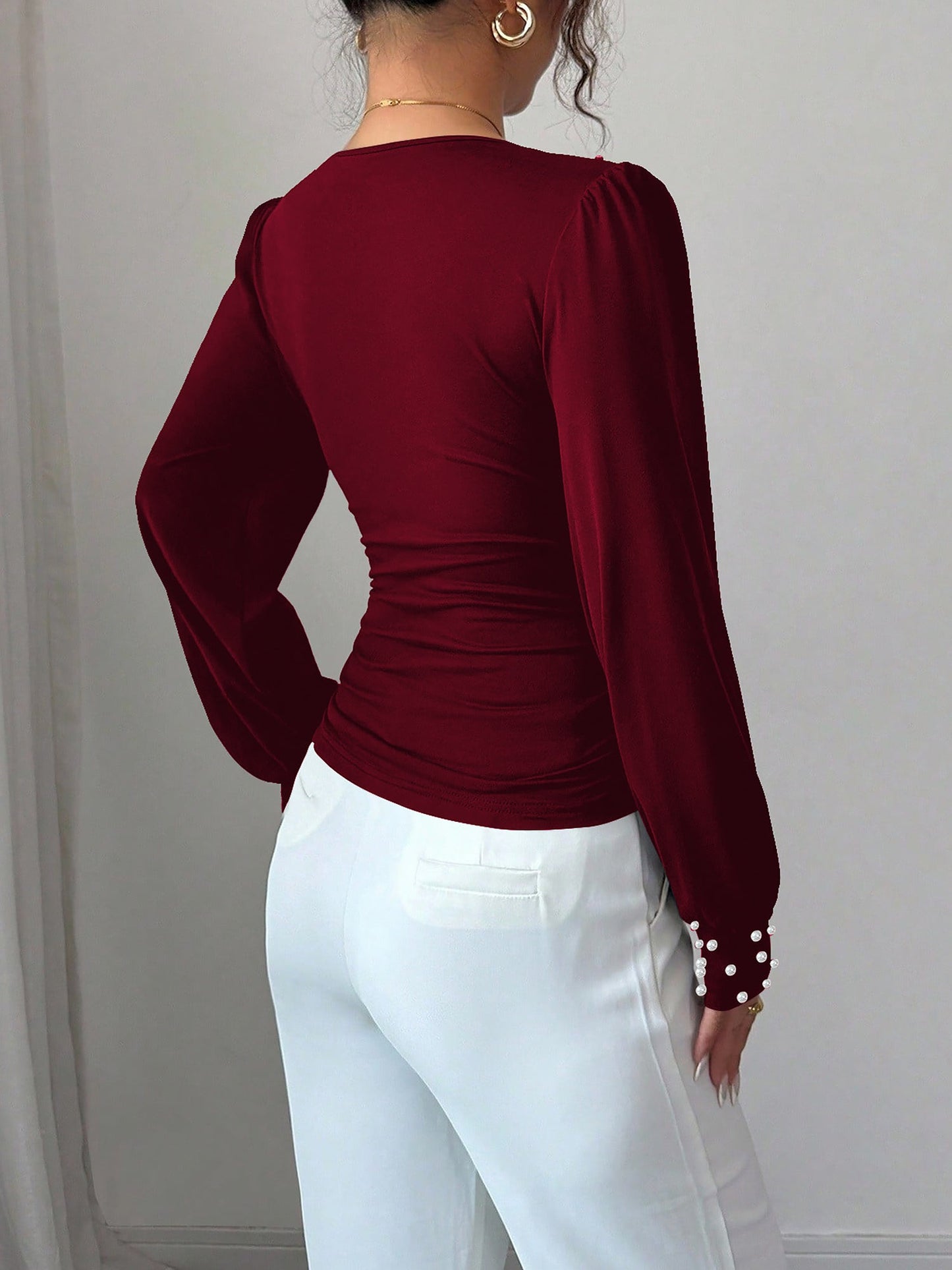 Ruched Faux Pearl Decor Long Sleeves Blouse