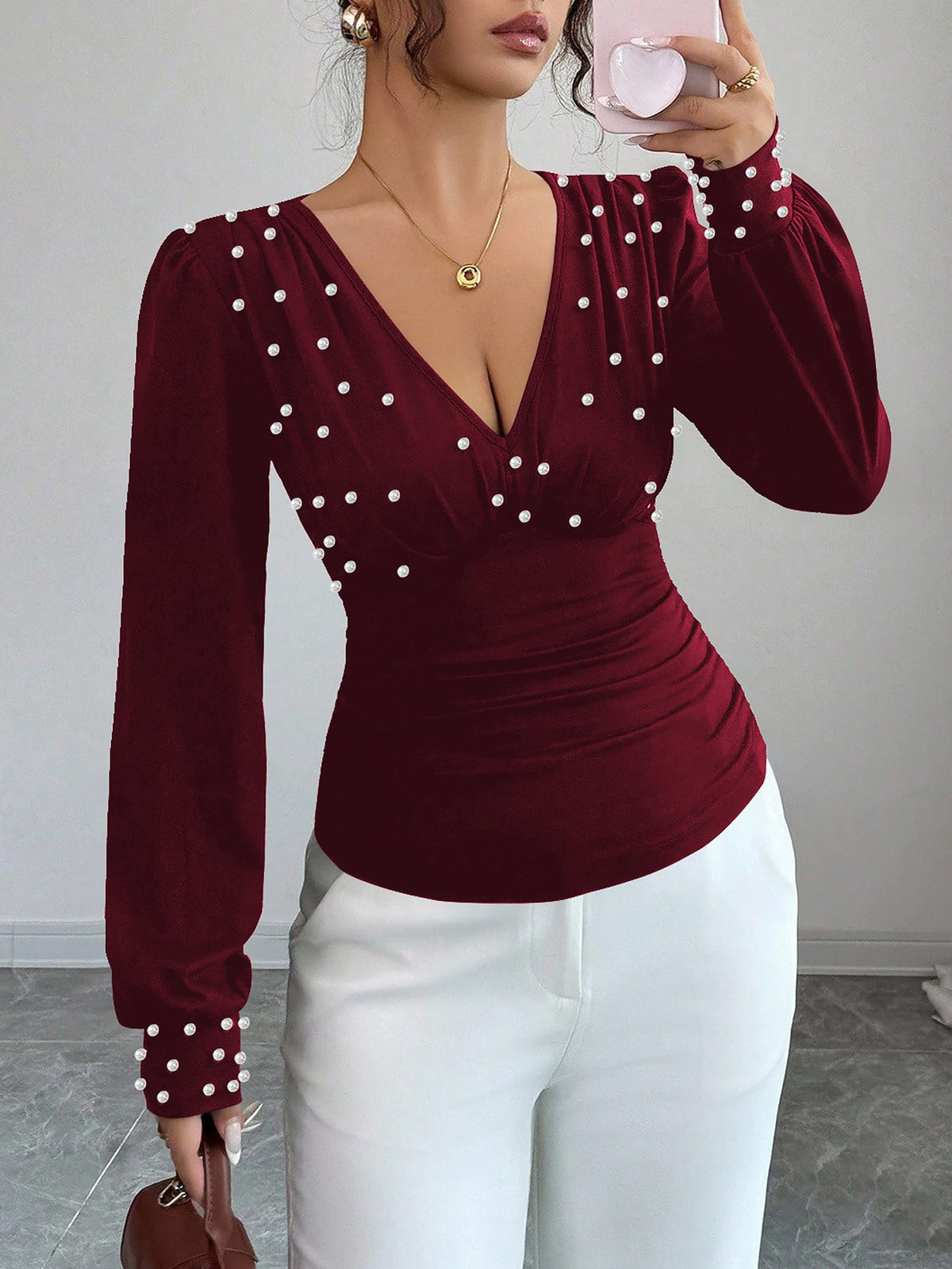 Ruched Faux Pearl Decor Long Sleeves Blouse