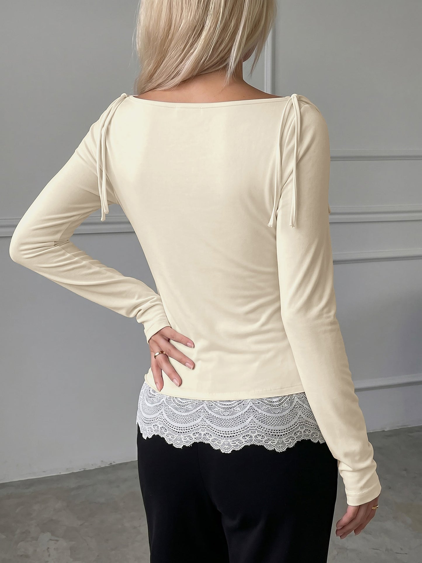 Cowl Neck Lace Patchwork Long Sleeve Blouse