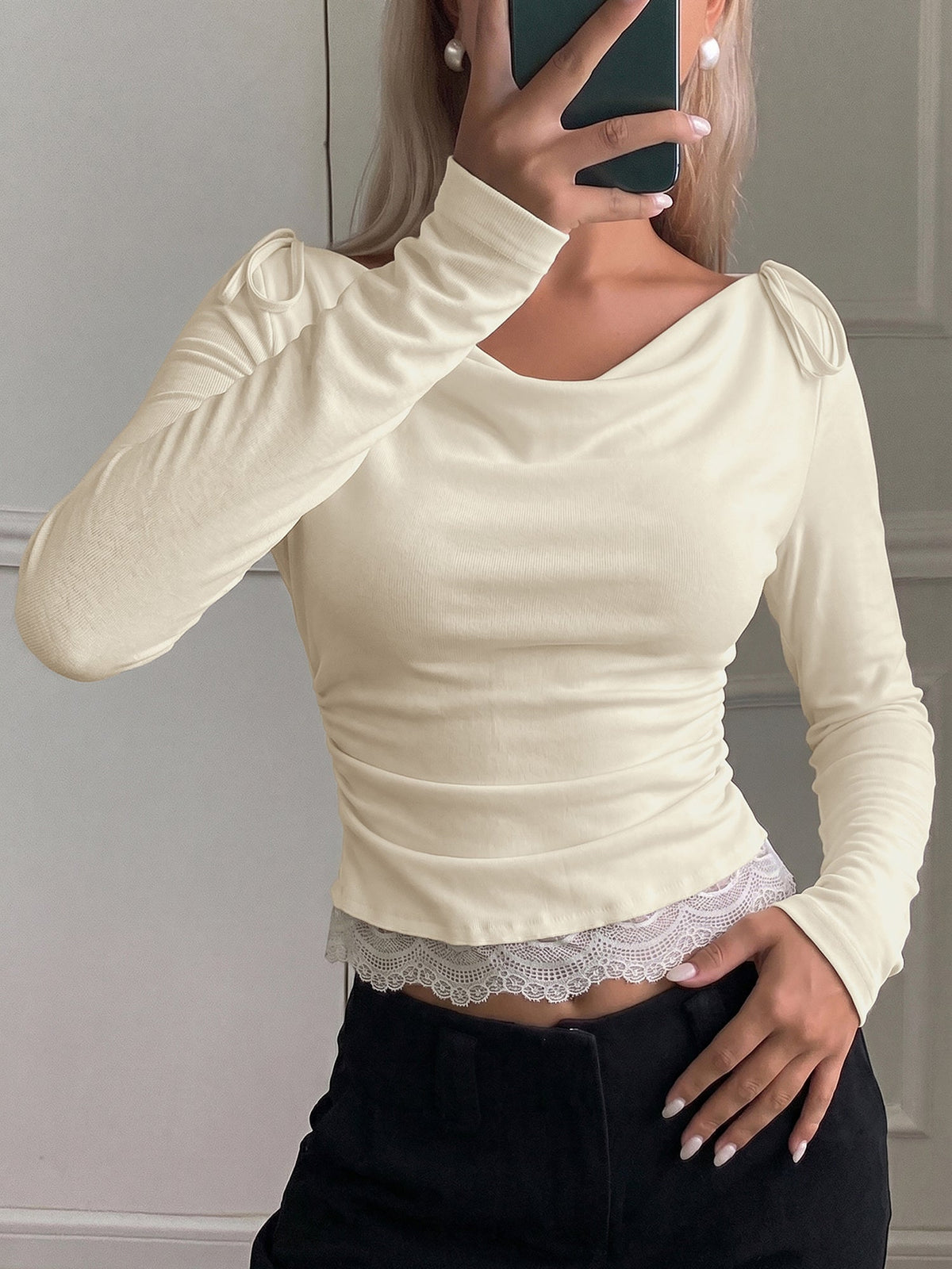 Cowl Neck Lace Patchwork Long Sleeve Blouse