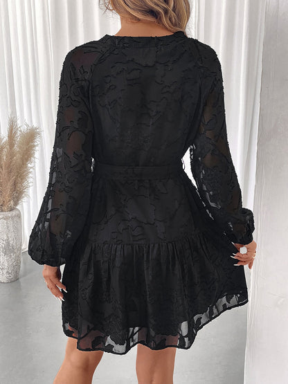 Textured Sheer Puff Sleeves Belted Tiered Mini A-Line Dress