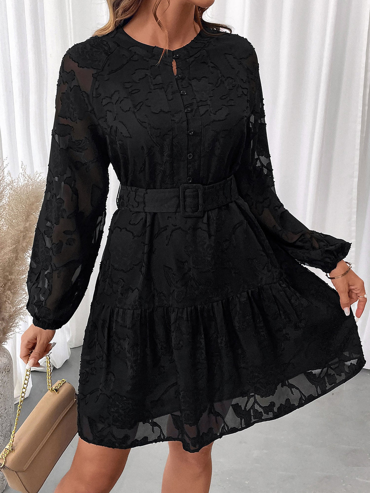Textured Sheer Puff Sleeves Belted Tiered Mini A-Line Dress