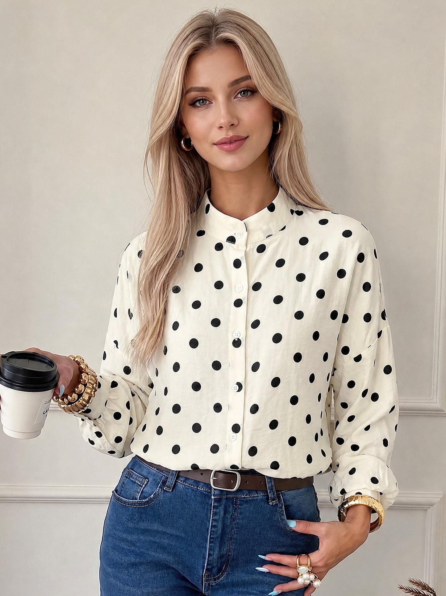 Polka Dots Collarless Long Sleeves Blouse
