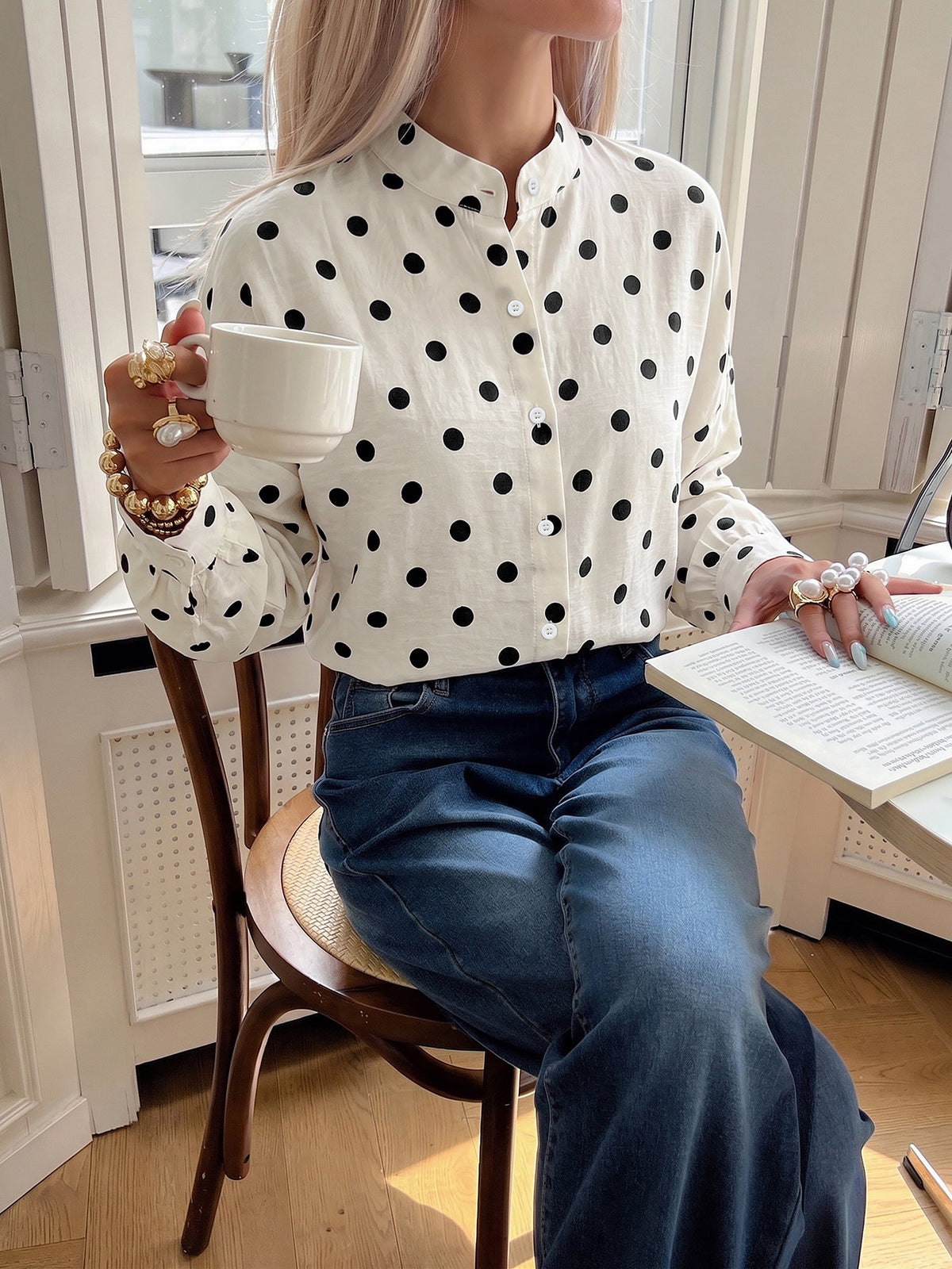 Polka Dots Collarless Long Sleeves Blouse