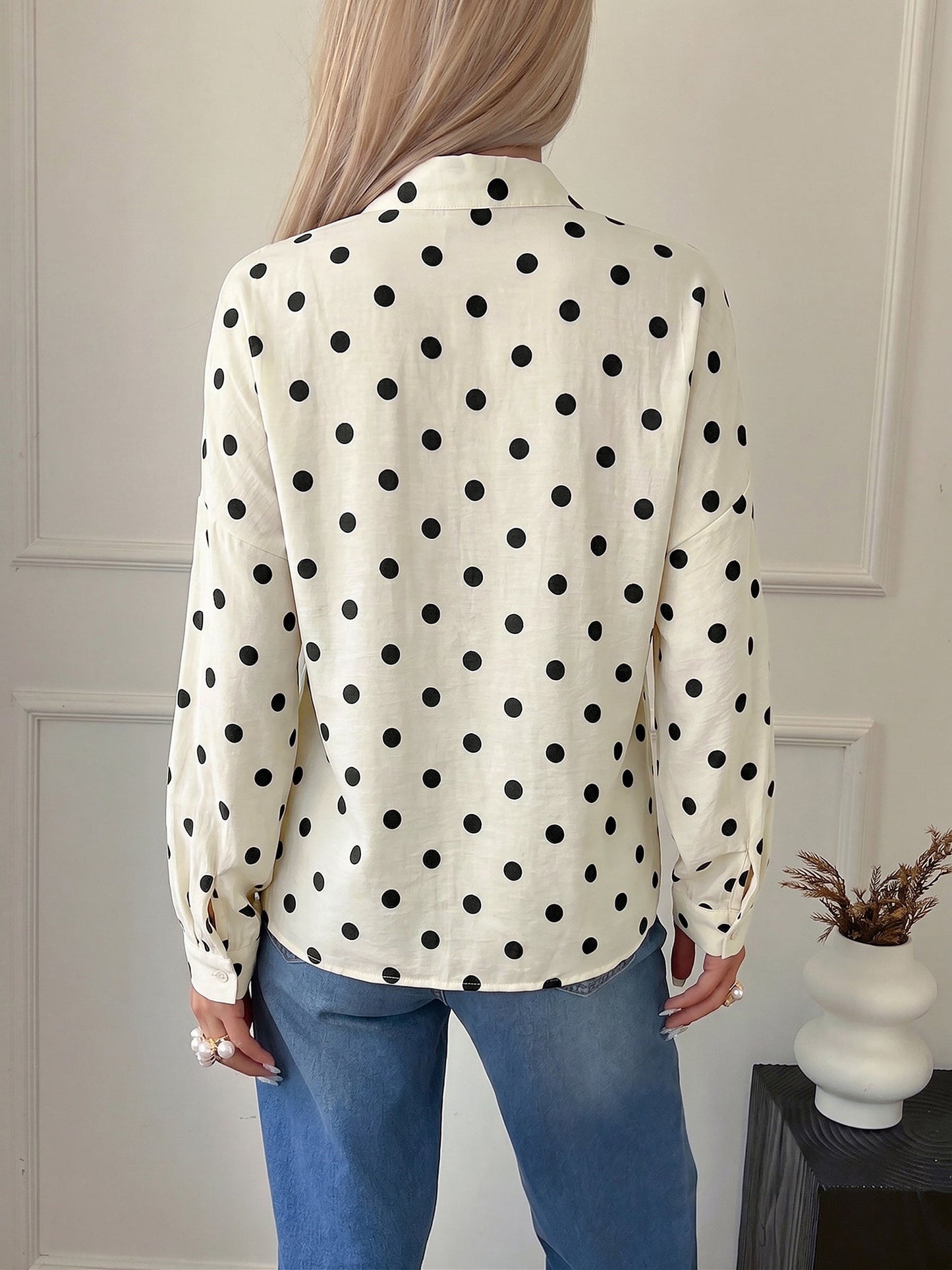 Polka Dots Collarless Long Sleeves Blouse