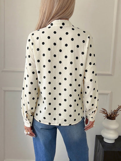 Polka Dots Collarless Long Sleeves Blouse