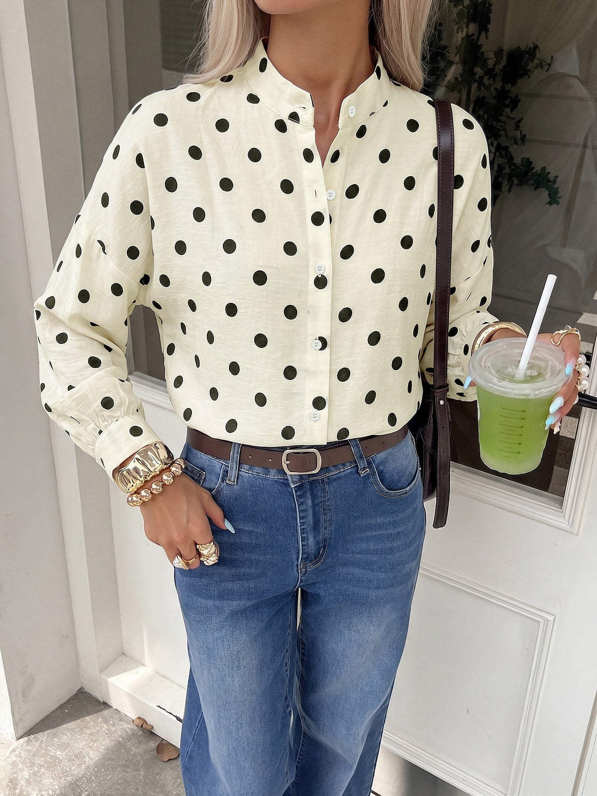 Polka Dots Collarless Long Sleeves Blouse