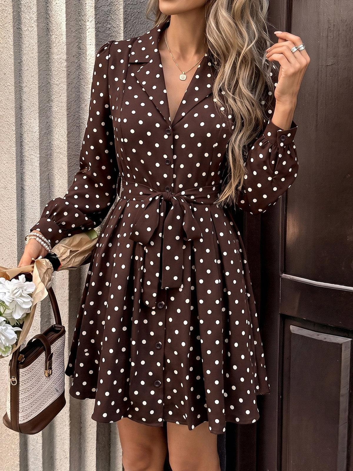 Polka Dots Puff Long Sleeves Tie Waist A-Line Shirt Dress