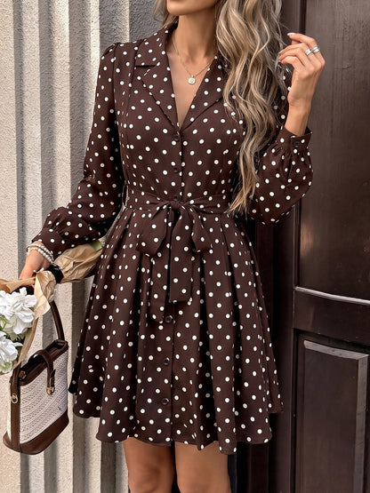 Polka Dots Puff Long Sleeves Tie Waist A-Line Shirt Dress