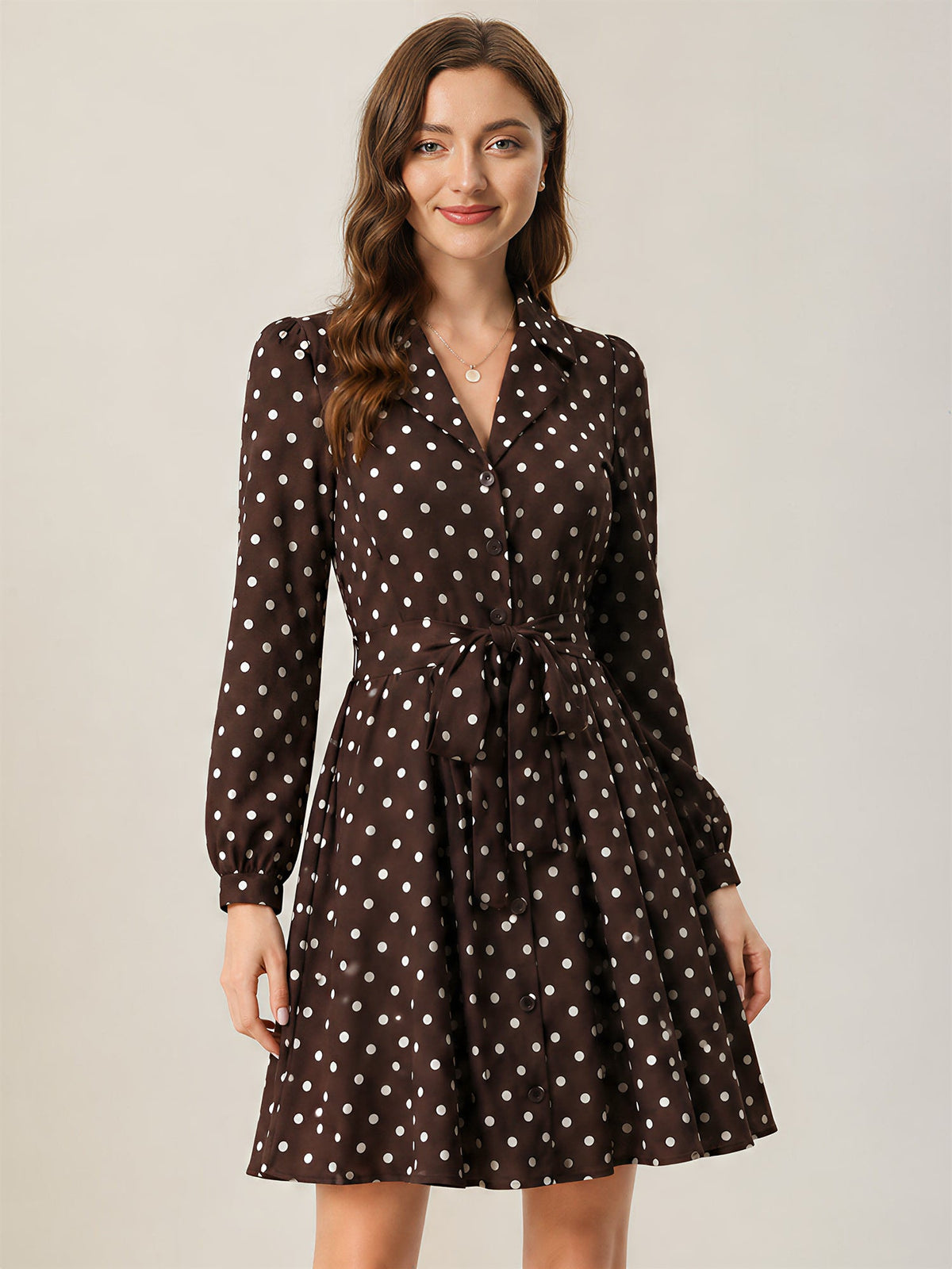 Polka Dots Puff Long Sleeves Tie Waist A-Line Shirt Dress