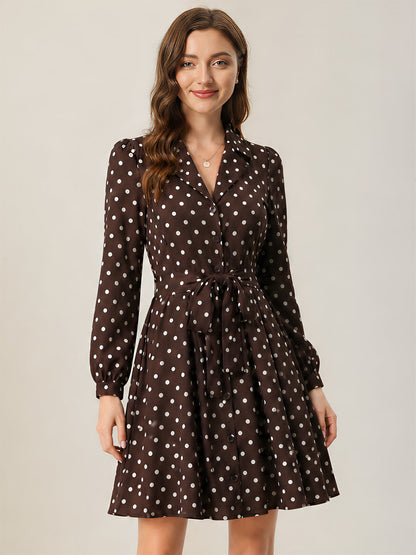 Polka Dots Puff Long Sleeves Tie Waist A-Line Shirt Dress